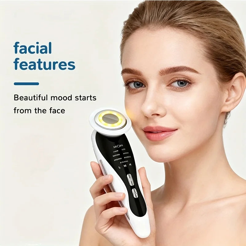 This handheld facial cleansing and beauty device, a USB rechargeable face and neck massager, is compact and portable, suitable f