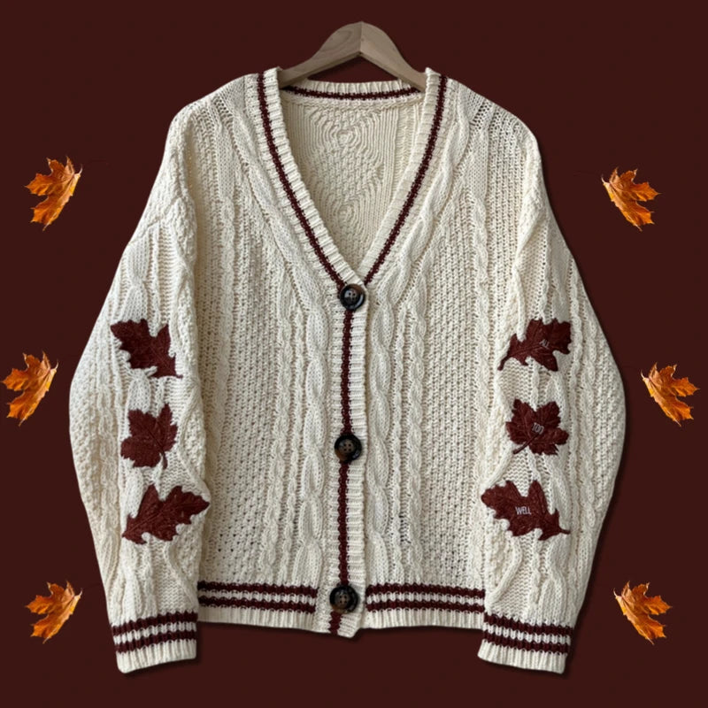 Autumn Leaves Knitted Cardigan Women Red Maple Leaf Embroidered Oversized Cardigan Folklore Girl Fall Winter Low V-neck Sweater