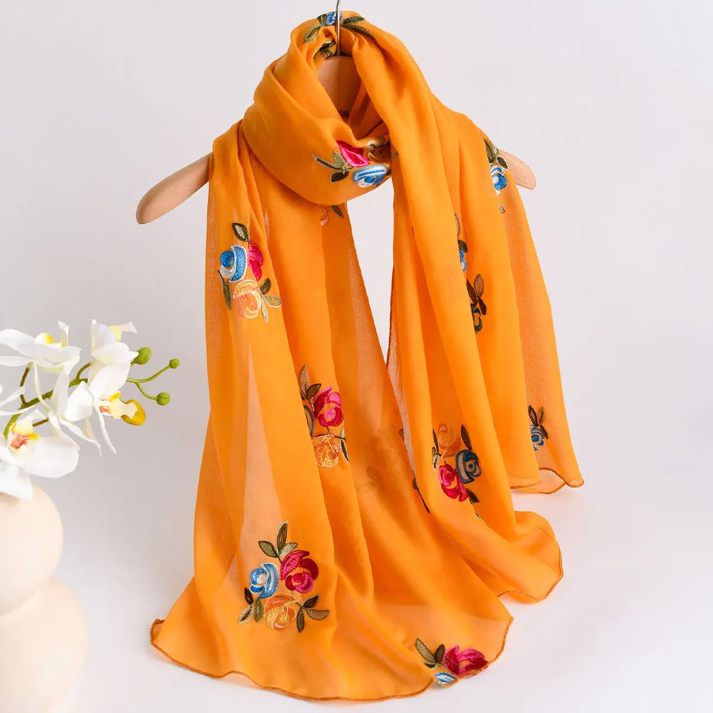 Spring and Summer Lightweight Breathable Cotton and Linen Embroidery Scarf Ethnic Style Fashionable Soft Women's Sunscreen Scarf