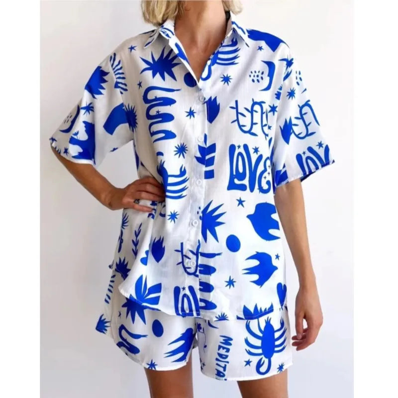 Women Summer Fashion Shorts Sets Retro Print Sleeve Shirt Shorts Suit New Casual Loose Female Beach Vacation Shorts 2 Piece Set