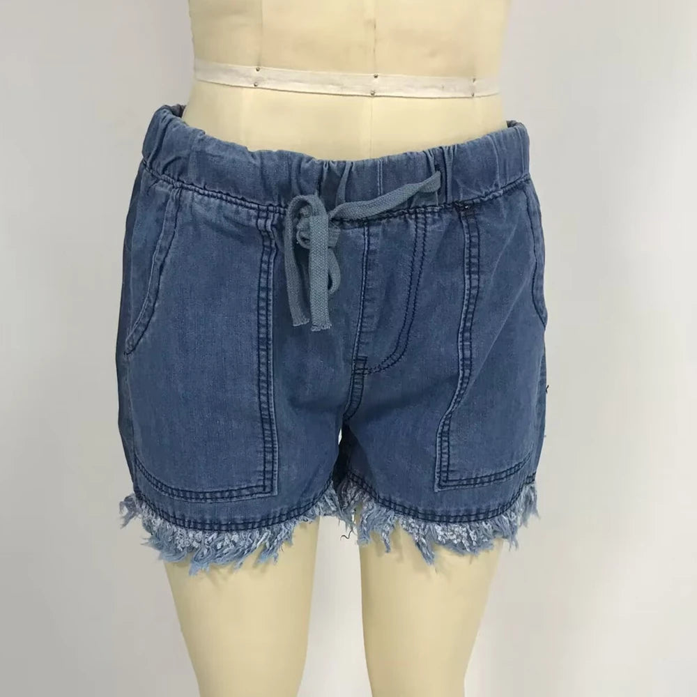Women’s Denim Shorts Drawstring Elastic Waist Frayed Hem Short Pants Summer Casual Vintage Hottie Girls Loose Jeans with Pockets