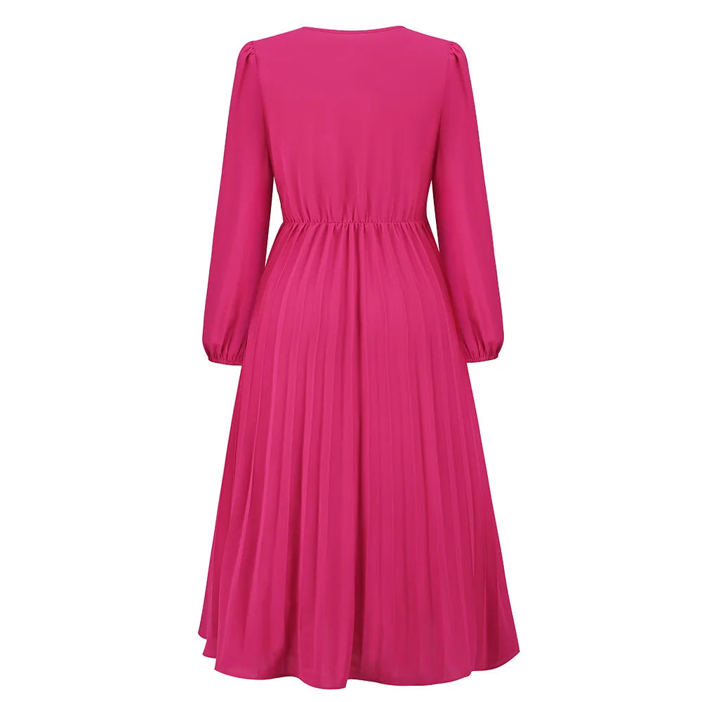 Elegant Women's Green Chiffon Autumn/Winter Long Sleeve Slim Fit Pleated Dress Fashion Women's V-neck Belt Party Dresses S-2XL
