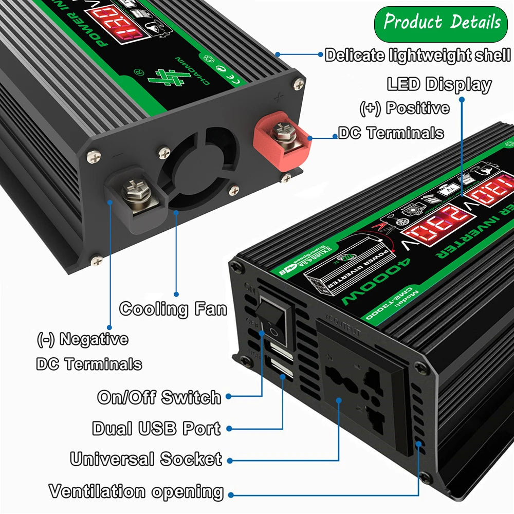 4000W Solar Inverter Portable Power Bank DC 12V to AC 110/220V Dual USB LCD Display Car Converter for Camping RV Universal Plug