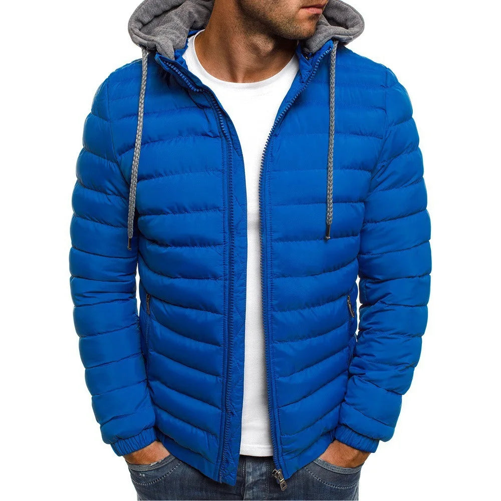 New men's cotton padded parka coat for autumn and winter men's solid color warm hooded zipper hooded coat