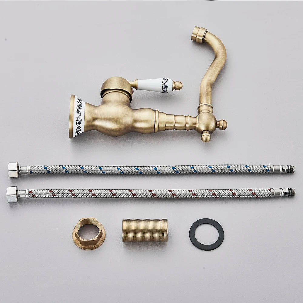 Antique Brass Bathroom Faucet Hot & Cold Mixer Tap Single Hole Single Lever Rotatable Ceramic Handle for Kitchen