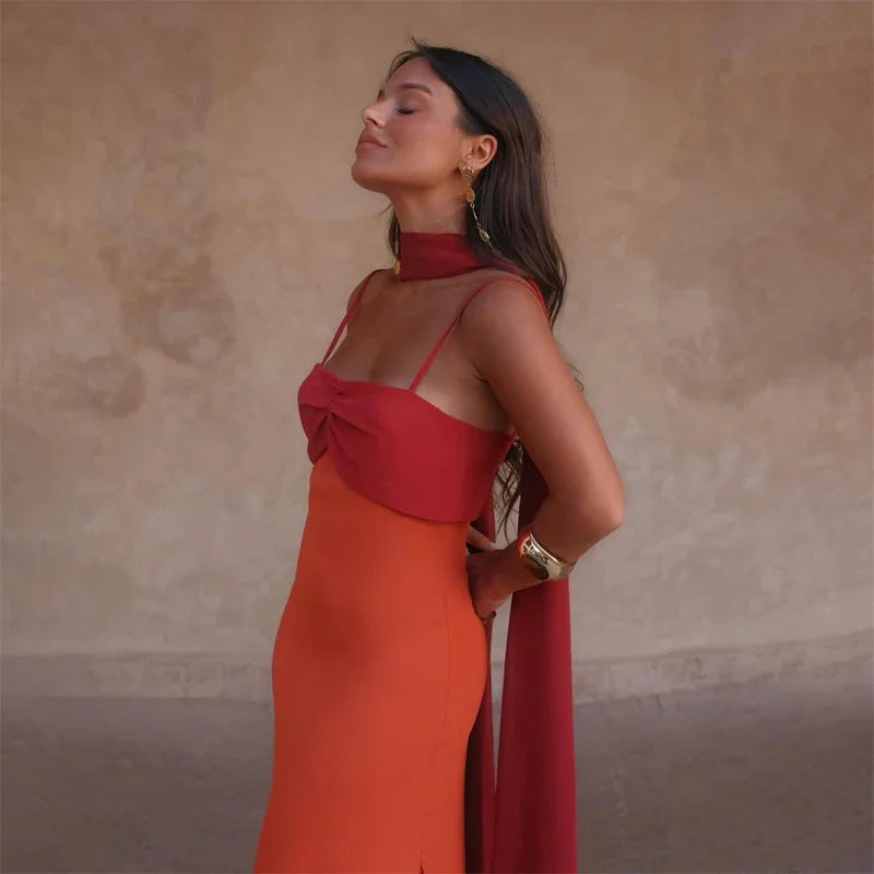 Color Blocking Scarf Collar Sling Dress Sexy Waist Cinching Chic Split Bodycon Maxi Dresses 2026 Lady Club Party Vestido