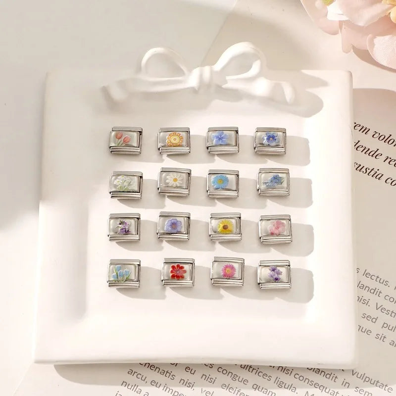 2025 Women's Fashion Colorful Flowers Sunflower Tulip Orchid Daisy Italian Charms Fit 9mm Stainless Steel Bracelet DIY Jewelry
