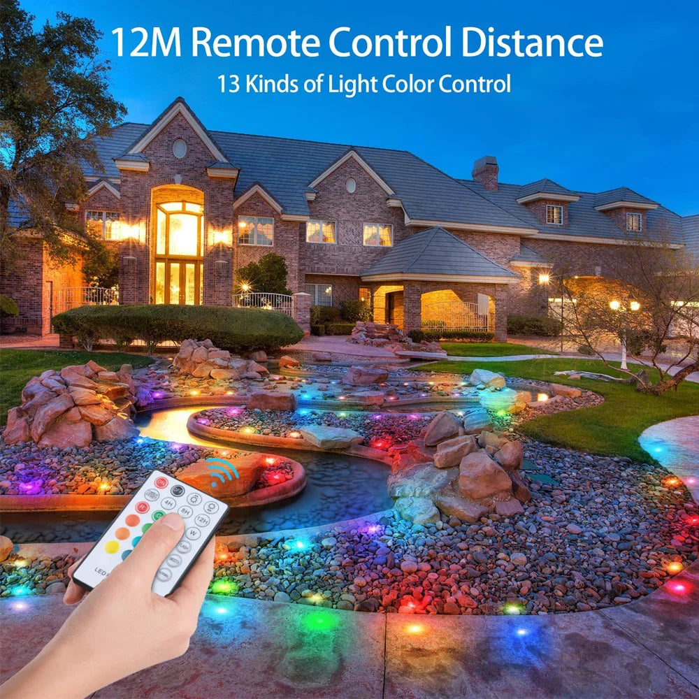 10pcs RGB LED Deck Light with Remote Control DC12V IP67 Waterproof Underground Lamp Dimmable Garden Stair Landscape Lighting