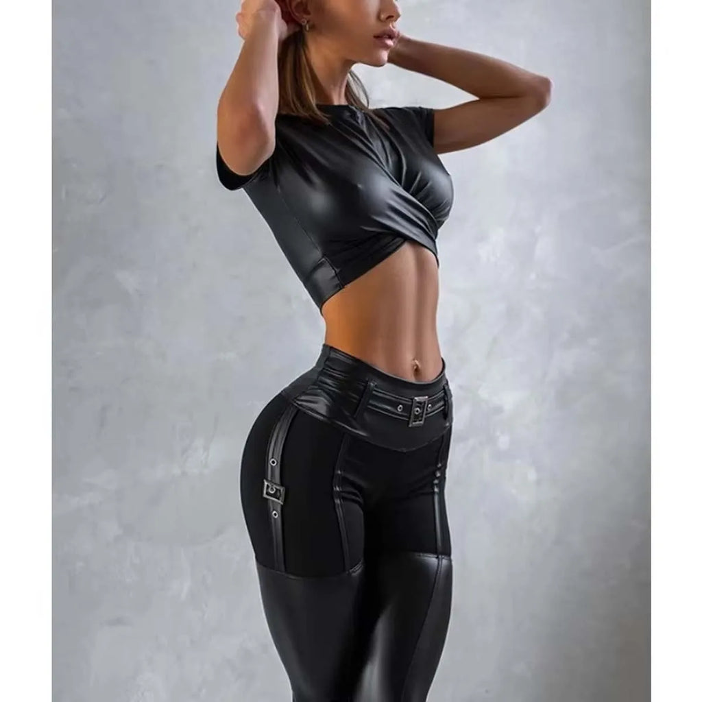 2 Piece Sporty Sets for Woman 2026 Leather Shorts Tops-skinny Pants Fashionable Workout Gym New in Matching Set