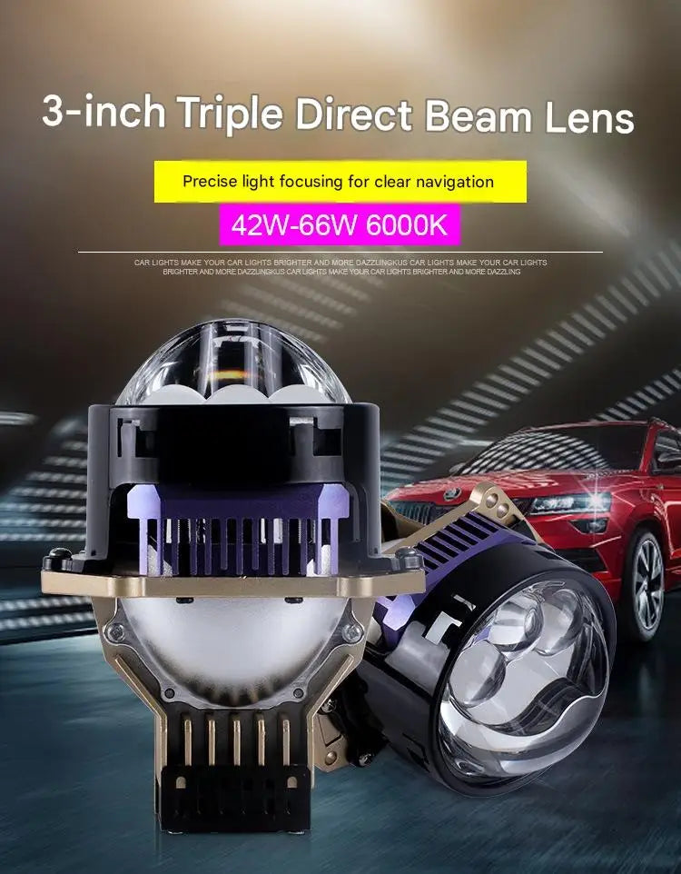3 Inch Triple Direct Beam Bi LED Projector Lens Independent High Beam High Power Super Bright Car Headlight Retrofit Kit Lamp