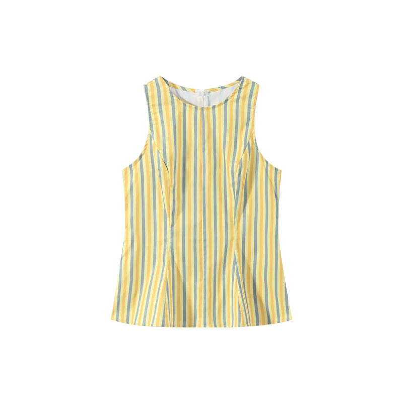 Casual Striped Pleated Vest Pants Women's Set Elegant Sleeveless O-neck Top Wide Leg Trousers 2026 Summer Vacation Lady Outfit