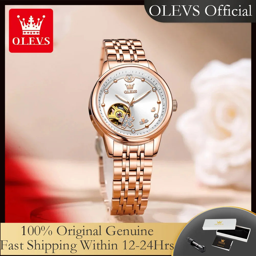 OLEVS 6732 Women's Watches Elegant Rose Gold Stainless Steel Hollowed Diamond Dial Automatic Mechancial Watch Gift Box for Women