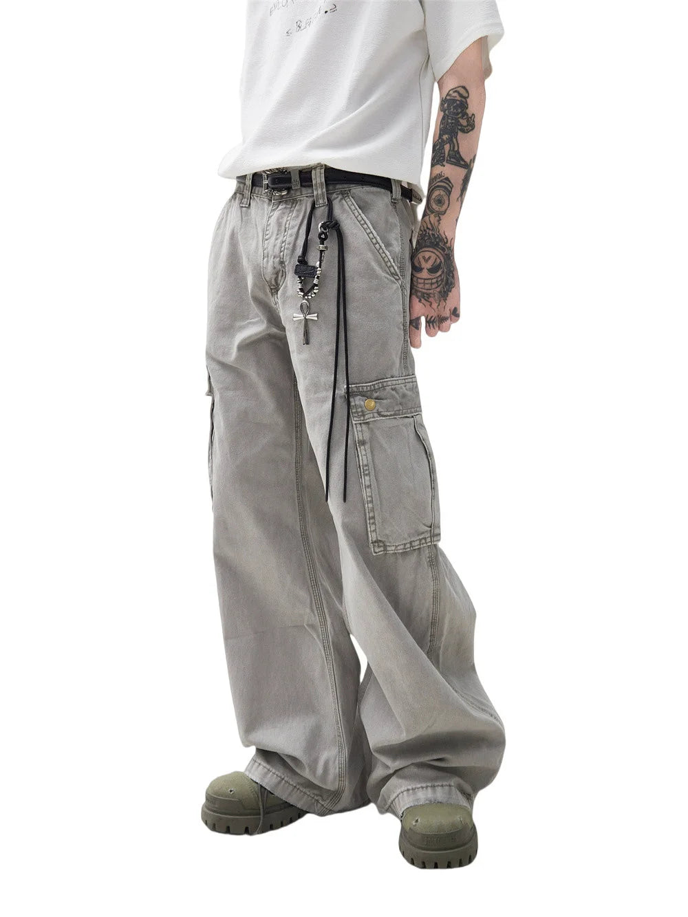 Multi-Pocket Cargo Jeans Mens Retro High Street Washed Distressed Straight Wide Leg Trousers Men