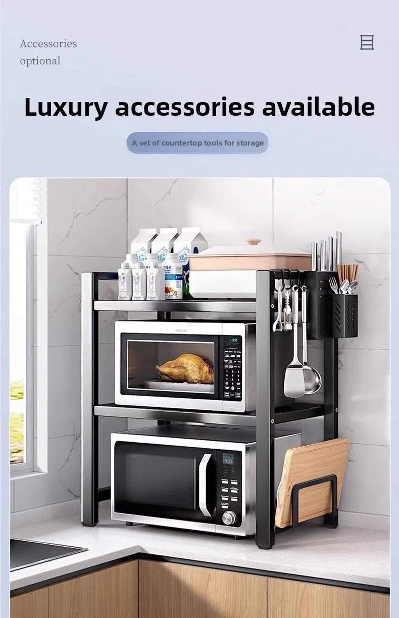 Expandable Kitchen Storage Rack Double Layer Microwave Oven Stand Countertop Holder for Rice Cooker Kitchen Organizer