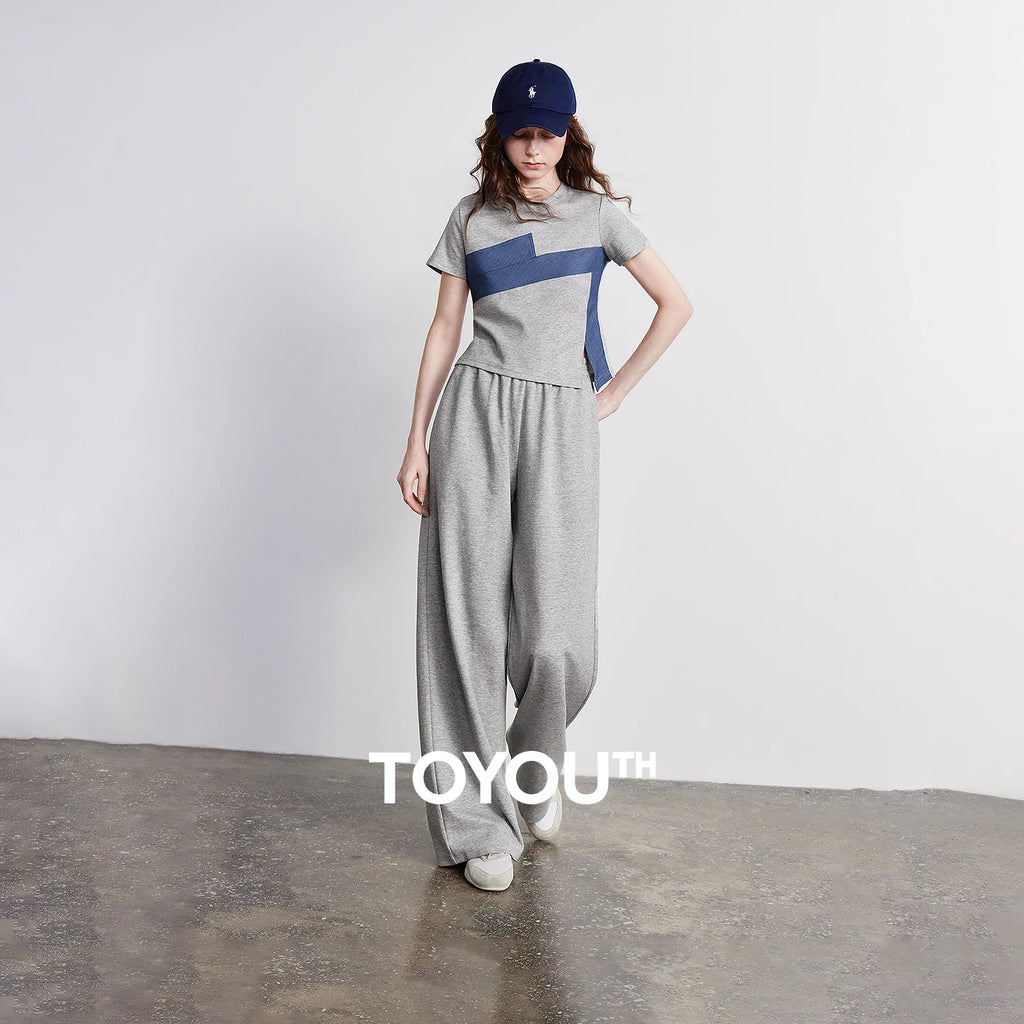 TOYOUTH Women Two Piece Set 2026 Summer New T-Shirt Wide Leg Pants Color Block Splicing Casual Sporty Trendy Outfits