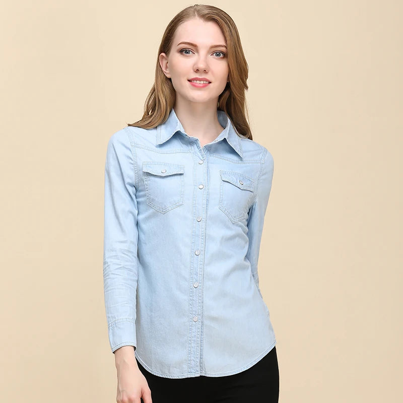 Spring 2026 New Denim Shirts And Blouse For Women Korean Style Long Sleeve Top Blue Or Sky Blue Color Jeans Elegant Blouses
