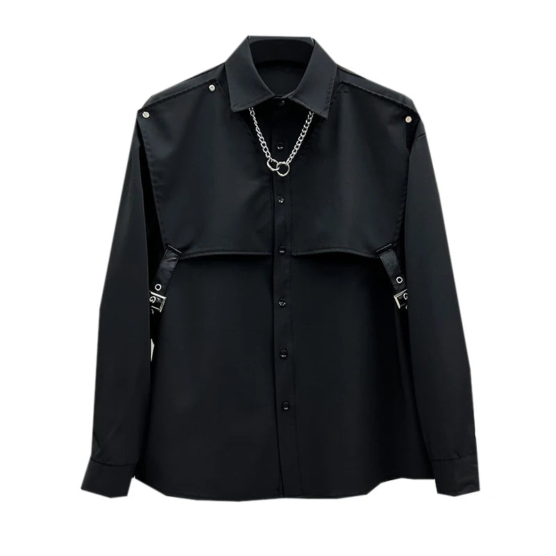 2024 Spring New Trendy Male Loose Handsome Shirts Men's Long Sleeve Solid Color Single Row Multi-Buckle Shirt Trendy Male Shirts