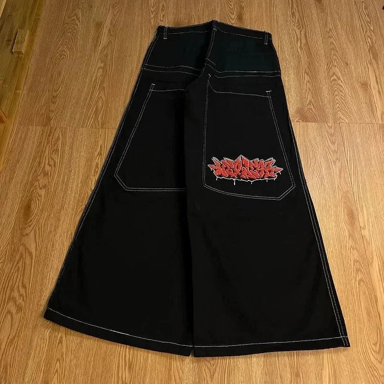 Y2K New Gothic Blue Denim Embroidery Harajuku Wide Pants Revival Mens Jeans Foliage Bootcut Women Pocket Hip Hop Streetwear