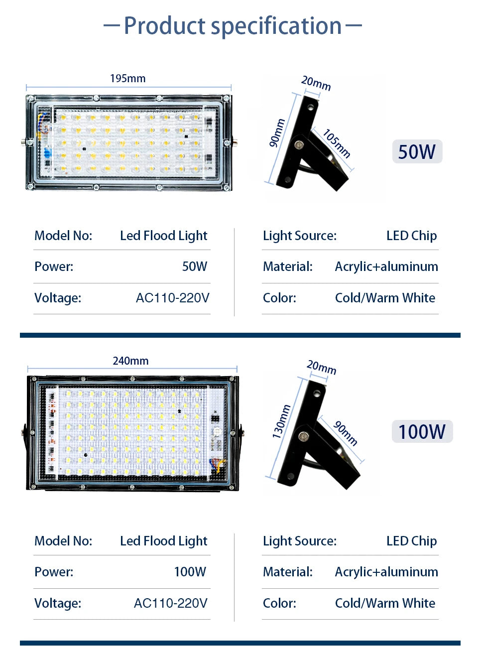 LED Flood Light  50W 100W AC110V 220V Waterproof IP65 Outdoor Led Reflector Floodlight Street Lighting for Warehouse Garden Yard