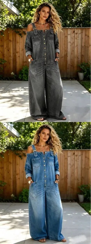 Sexy Off Shoulder Denim Overall Jumpsuit Pockets Wide Leg Playsuit