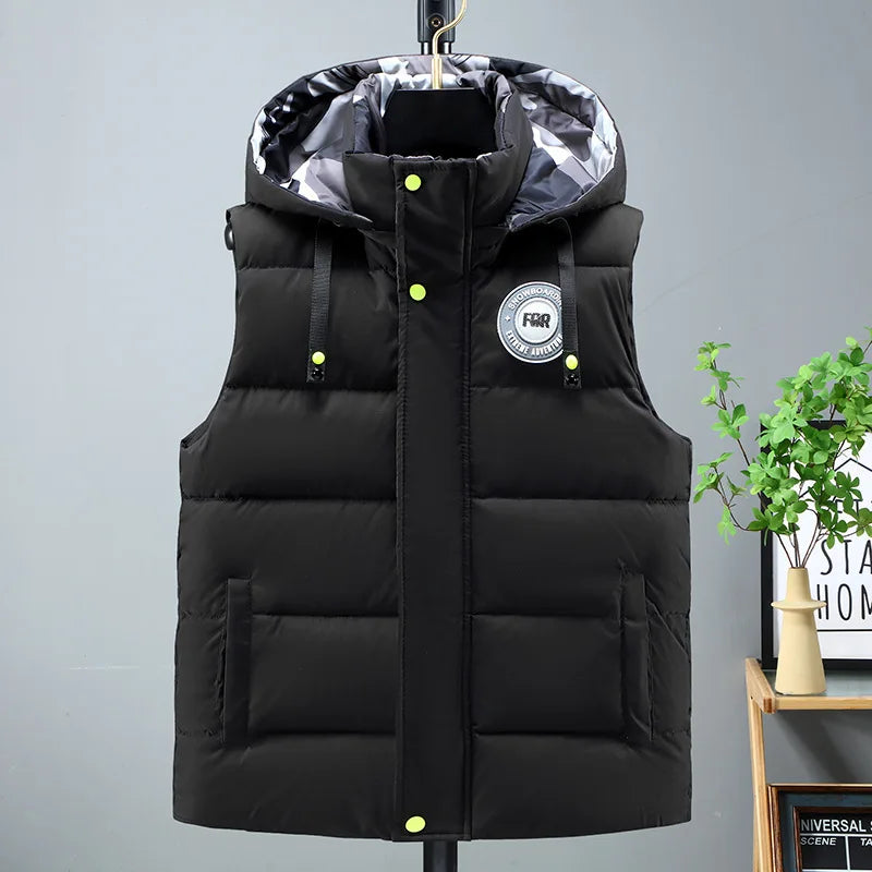 Black Men Cotton Padded Vest Fashion Detachable Hooded Sleeveless Jackets Winter Warm Men's Clothes Male Thick Coat Big Size 5XL