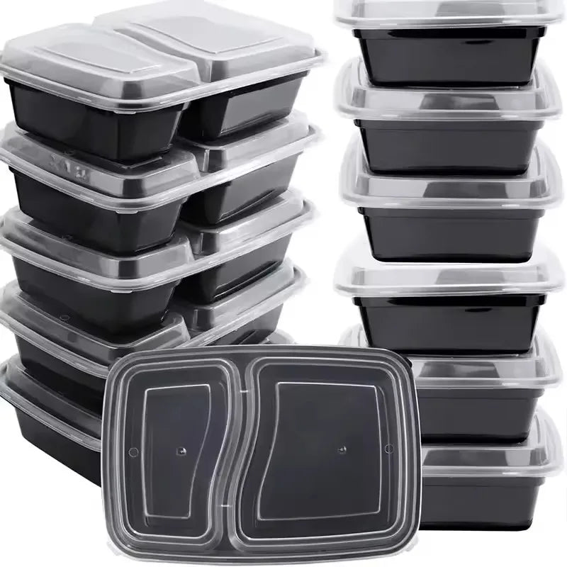 10PCS Disposable Food Boxes with Lids Two Compartments Disposable Portable Bento Boxes Storage Fruit Takeaway Food Container