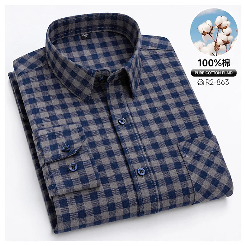 Classic Retro Plaid Flannel Shirt Long Sleeve 100% Cotton Fashion Casual Soft Spring Autumn Winter Standard Pocket Men's Shirt