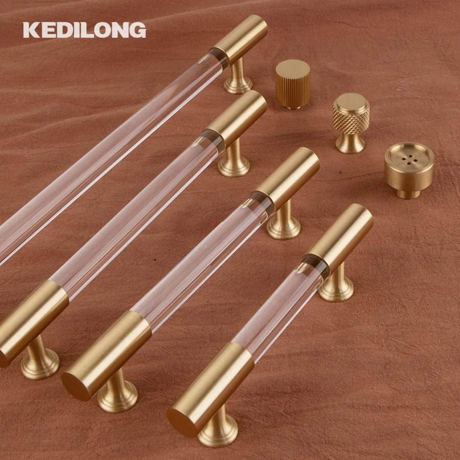 KEDLO European style modern brass acrylic Pull handle kitchen cabinet modern minimalist drawer transparent handle
