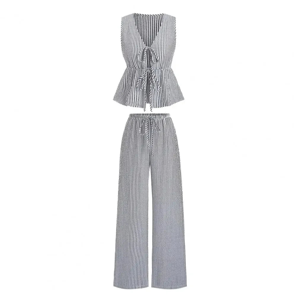 Women's Striped 2 Piece Outfits Tie Front Ruffle Tank Top Loose Fit Women Suit Summer Casual Sleeveless Lounge Sets