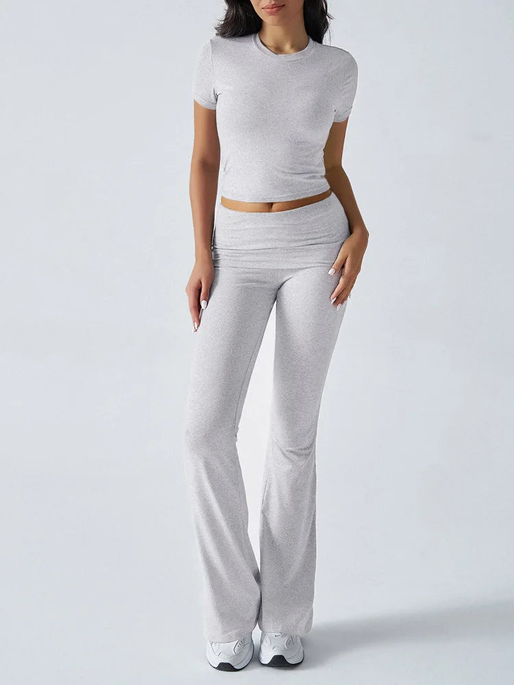 Women's Sexy Tops Suits 2026 Summer Latest Casual Solid Color Yoga Suit Slim Fit Sports Short Sleeved Pants Two-Piece Set Outfit