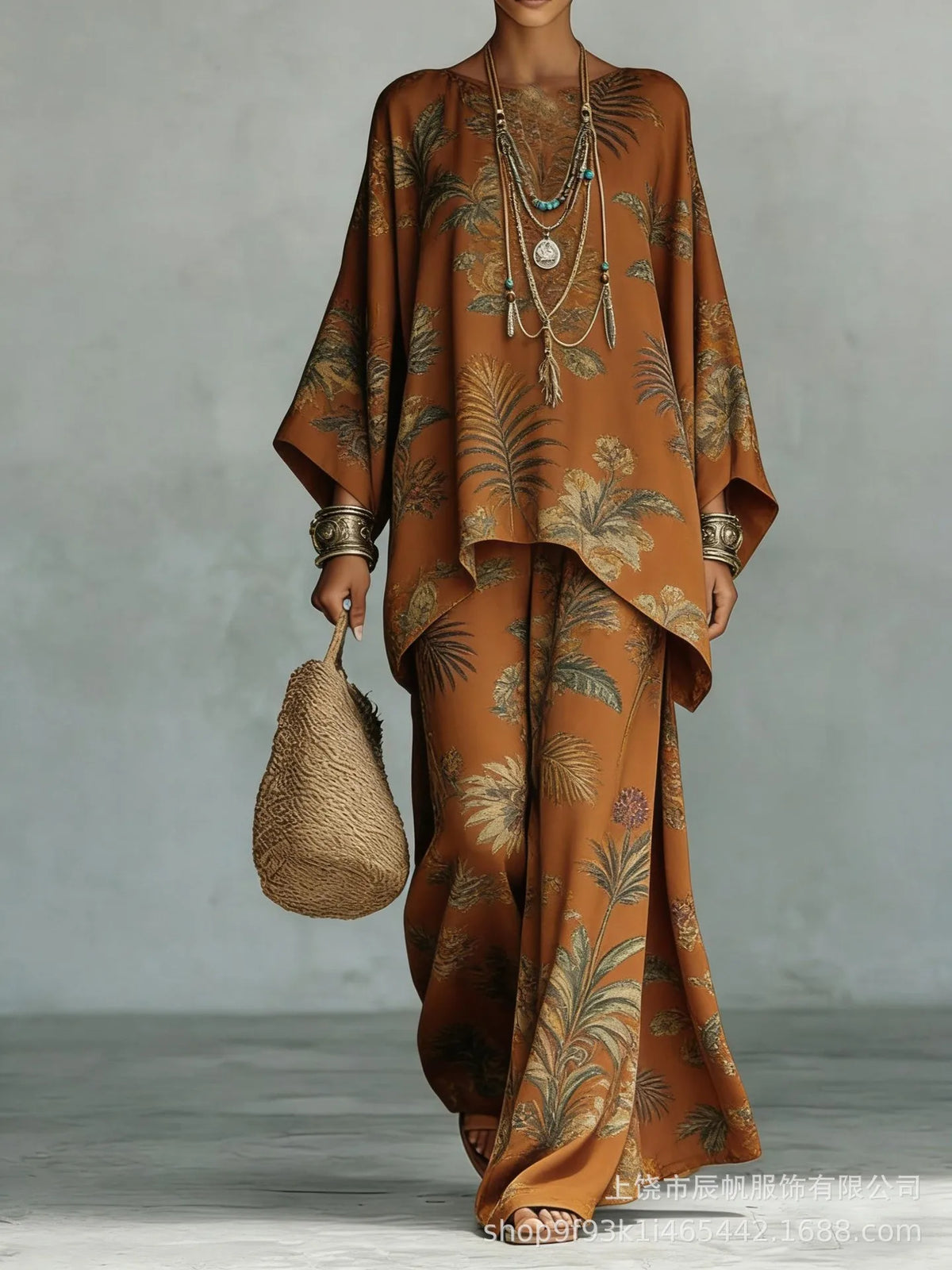 Bohemian Foreign Style Printed Women's Two-piece Set Spring Fashion O-neck Loose Top+wide Leg Pants Suit Ladies Office Outfit