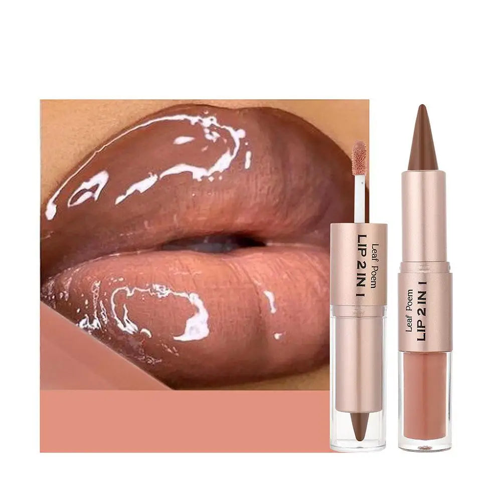 Waterproof Contour Non Stick Makeup Double-headed Matte Mirror Design Lip Glaze Nude Brown 2-in-1 Tapered Gradient Lip Liner Pen