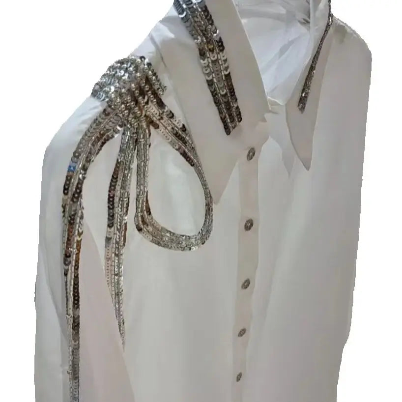 Luxury Brand Design Sequins Embroidery Cotton Blouses Shirts Women for 2025 Autumn Trend Long Sleeve Blue Tops Woman Clothes