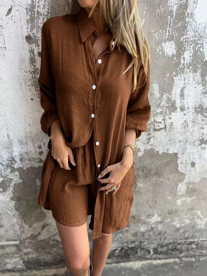 2026 Women's Casual Solid Color Cotton and Linen Shorts Long Sleeve Wrinkle Shirt Two-piece Set