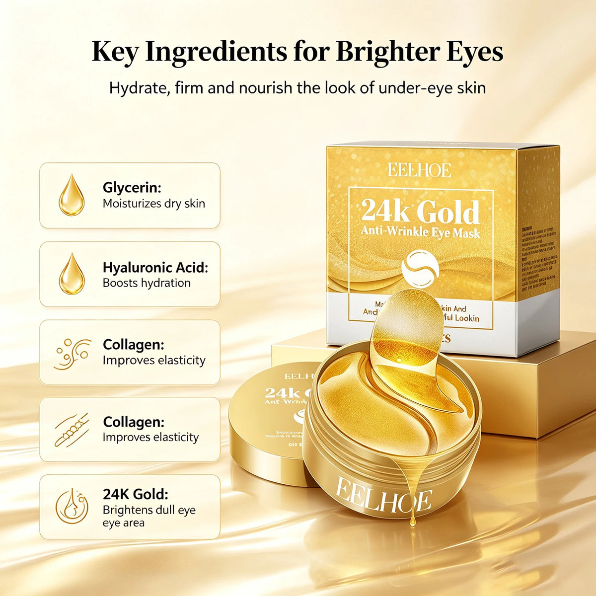 60Pcs 24K Gold Anti‑Wrinkle Eye Mask Collagen Hyaluronic Acid Eye Patches Moisturizing Brighten Dark Circles Firming Under‑Eye