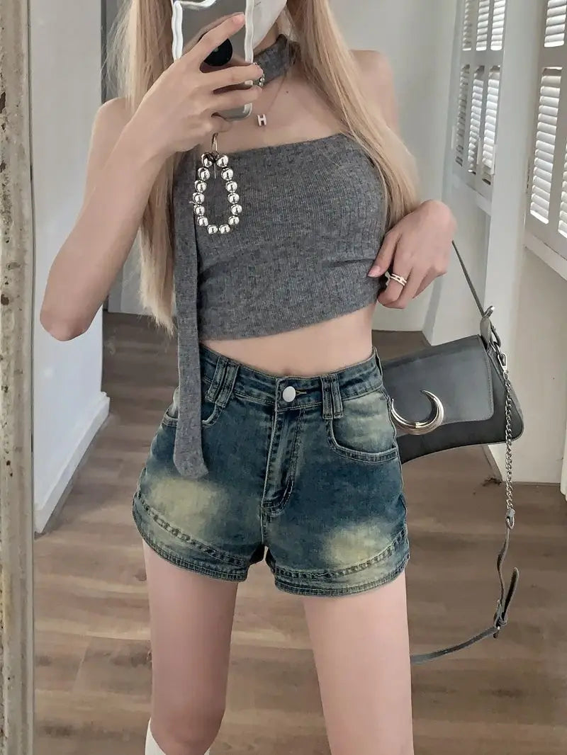 Retro Washed Denim Shorts for Women High Waist Slimming Hot Pants Mini Skirt Y2K Style Summer Fashion Small Stature Sexy Look