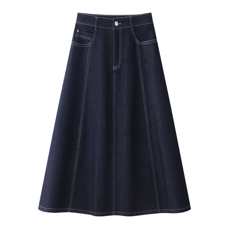Dark Blue Denim Mid-Calf Skirts For Women 2025 New Spring and Summer Casual Loose Streetwear Office Lady Chic Long Skirts