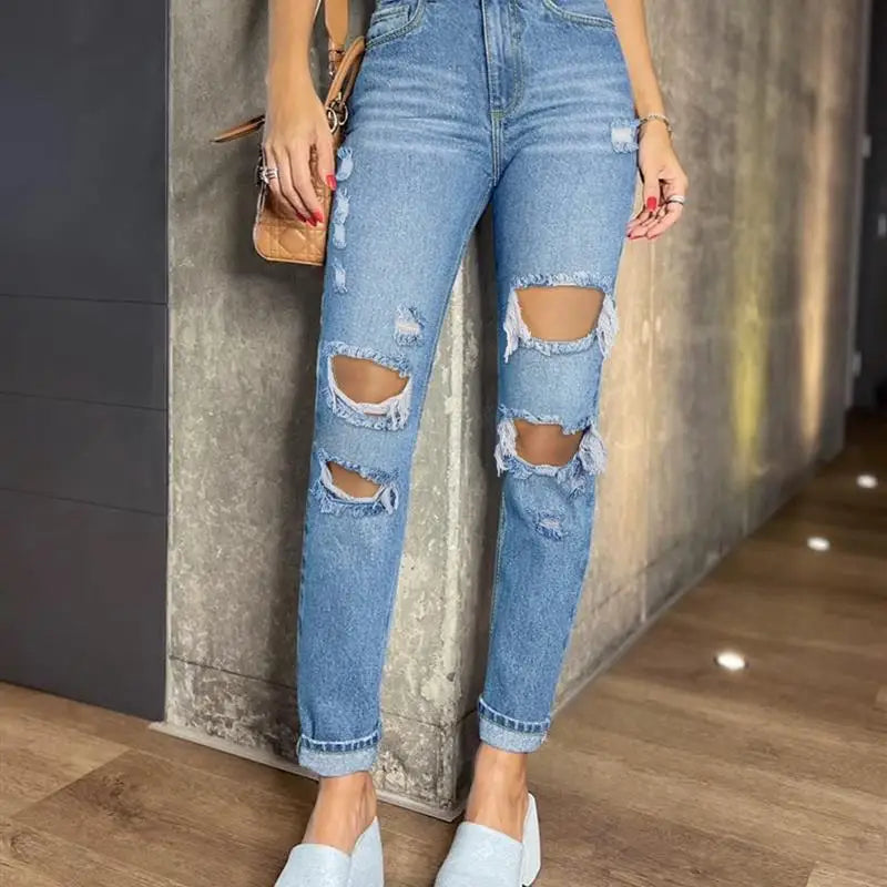 Summer New Casual Washed Street Style Women's Jeans Straight Leg Hole Punching Denim Pants Long Blue Color Fashion Ladies