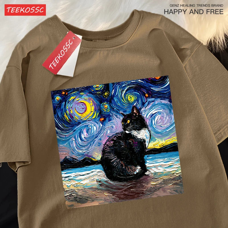 Oil Painting Starry Sky Cat Tshirts Men Women Oversized Cotton Clothing Fashion Summer T-Shirt High Quality Brand Loose Shirts