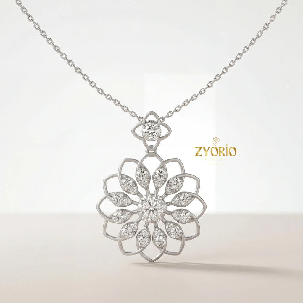 Women's Luxury Gold Floral Bloom Diamond Pendant Sterling Silver Gold Plated Chain Sparkling Wedding Jewelry