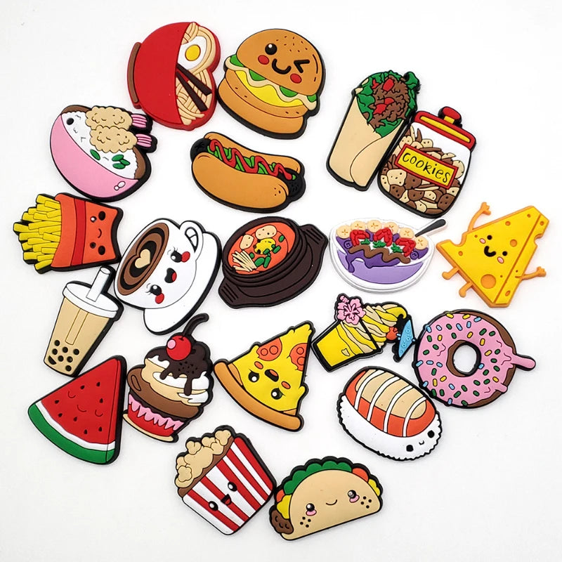 Cute Kawaii Food Shoes Charms Set Cartoon Burger Pizza Boba Shoe Accessories, PVC Clog Decorations for Sandals, Party Gifts