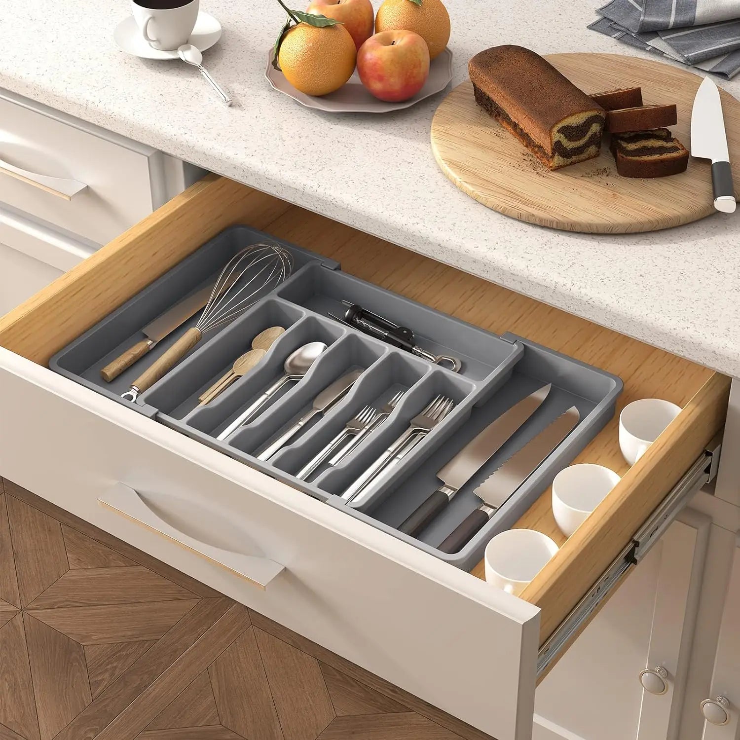 Large Extendable Cutlery Organizer Tray Adjustable Kitchenware Drawer Storage for Spoons Forks Knives
