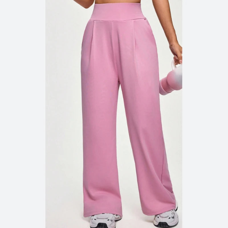Women's High Waisted Sports Pants with Side Pockets Solid Color Wide Leg Yoga Pants Woman Body Hugging Straight Leg Trousers