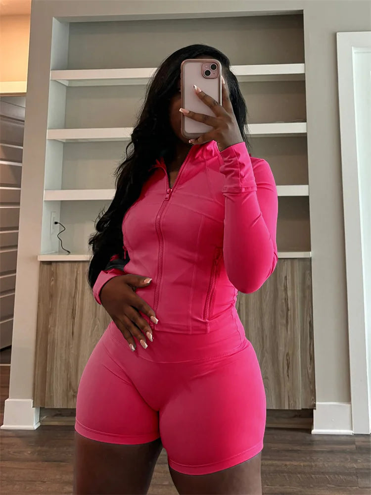 Fall Siold Bodycon Zipper Crop Top Women Tracksuits Sets+Trousers Women Black Gray 2 Two Pieces Matching Leggings Shorts Suits