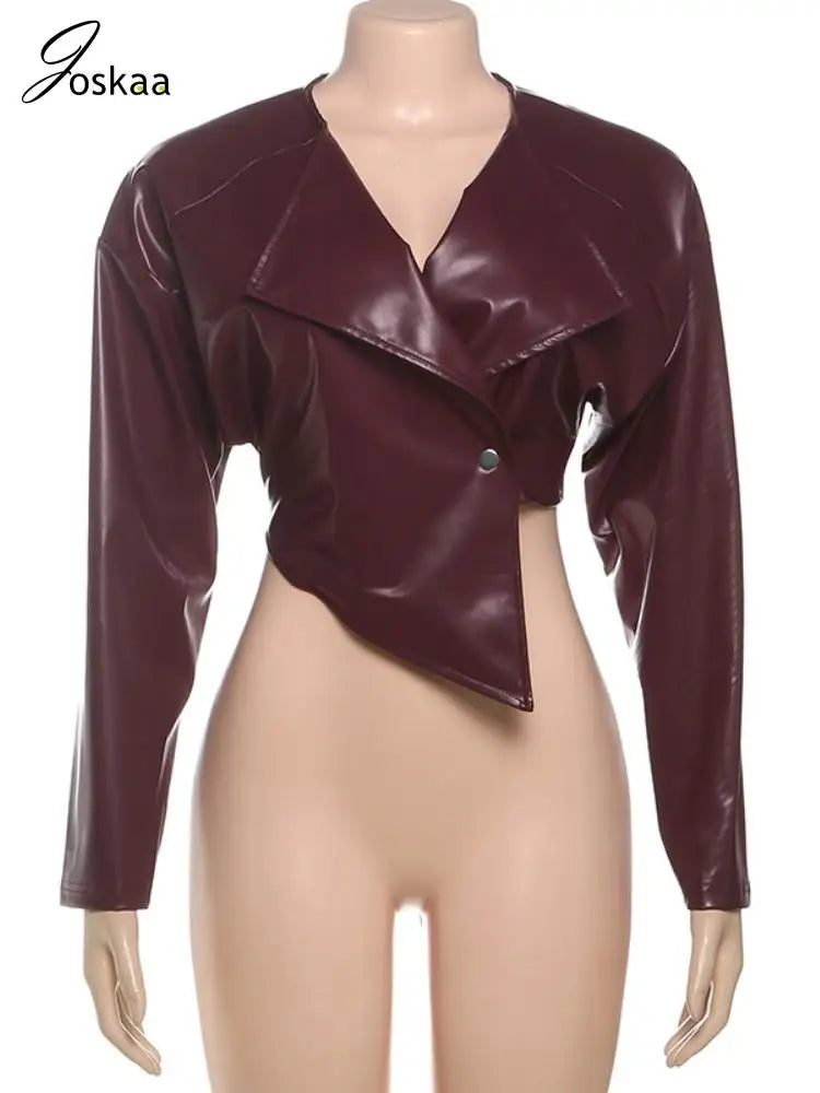 Joskaa 2025 Fall Women's PU Leather Jackets Fashion Solid Lapel Full Sleeve Slim Irregular Crop Coats Outerwear Y2K Streetwear