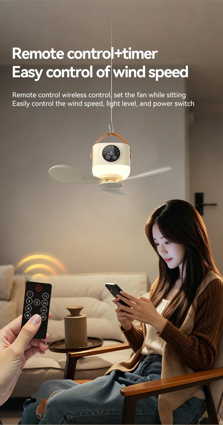 2026 New Portable Rechargeable Ceiling Fan Wireless USB Hanging Fan for Student Dorm Bed Outdoor Camping