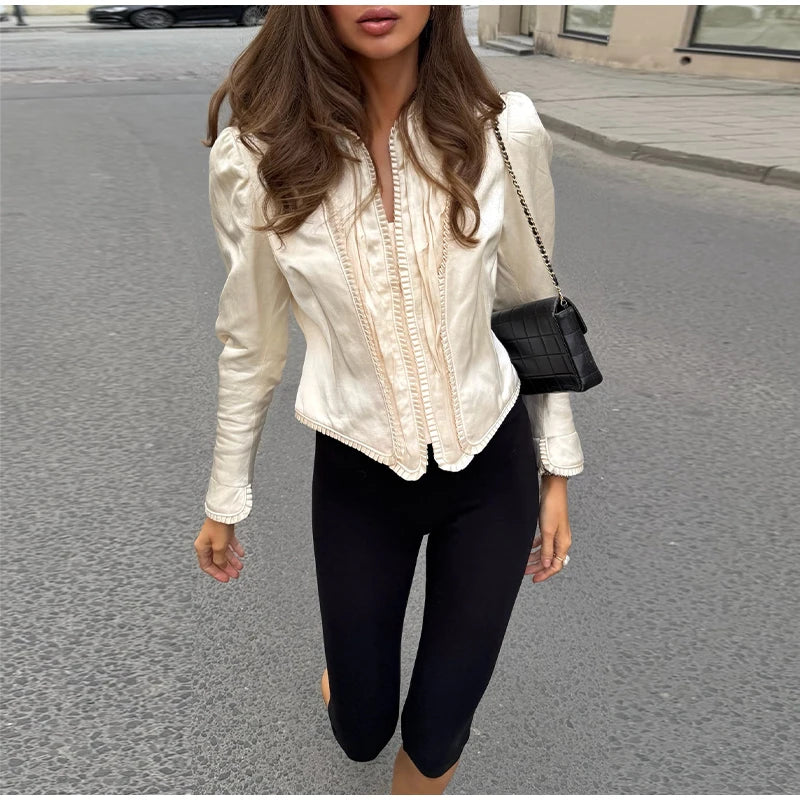 Solid Satin Lace V-Neck Puff Sleeve Blouse Curved Hem Slim Fit 2026 Summer Glam Women Satin Shirt Parisian Versatile Lady Blusa