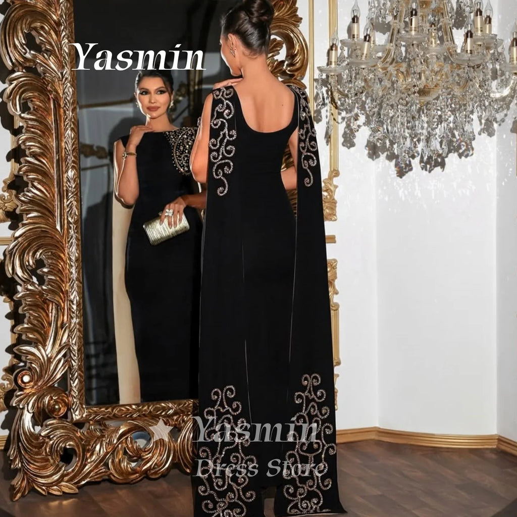 Luxury Black Prom Dress Saudi Women Sleeveless Cape Sleeve Evening Gown Crystal Beaded Mermaid Wedding Party Dresses Customized