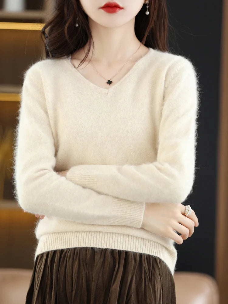 LHZSYY Super Warm 100% Mink Cashmere Women Sweaters V-Neck And Pullovers Winter High Elasticity Soft Tops Casual Basic Jumper