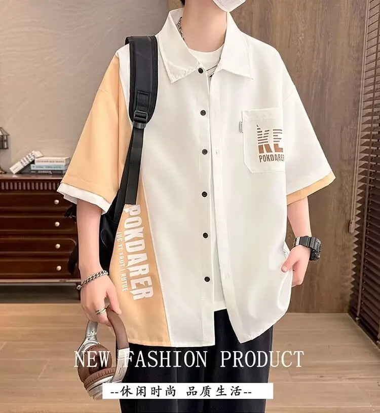 New Shirts for Men Patchwork Graphic T-shirts Men's Clothing Summer Casual Short Sleeved Daily Street Tops Loose Oversized Shirt